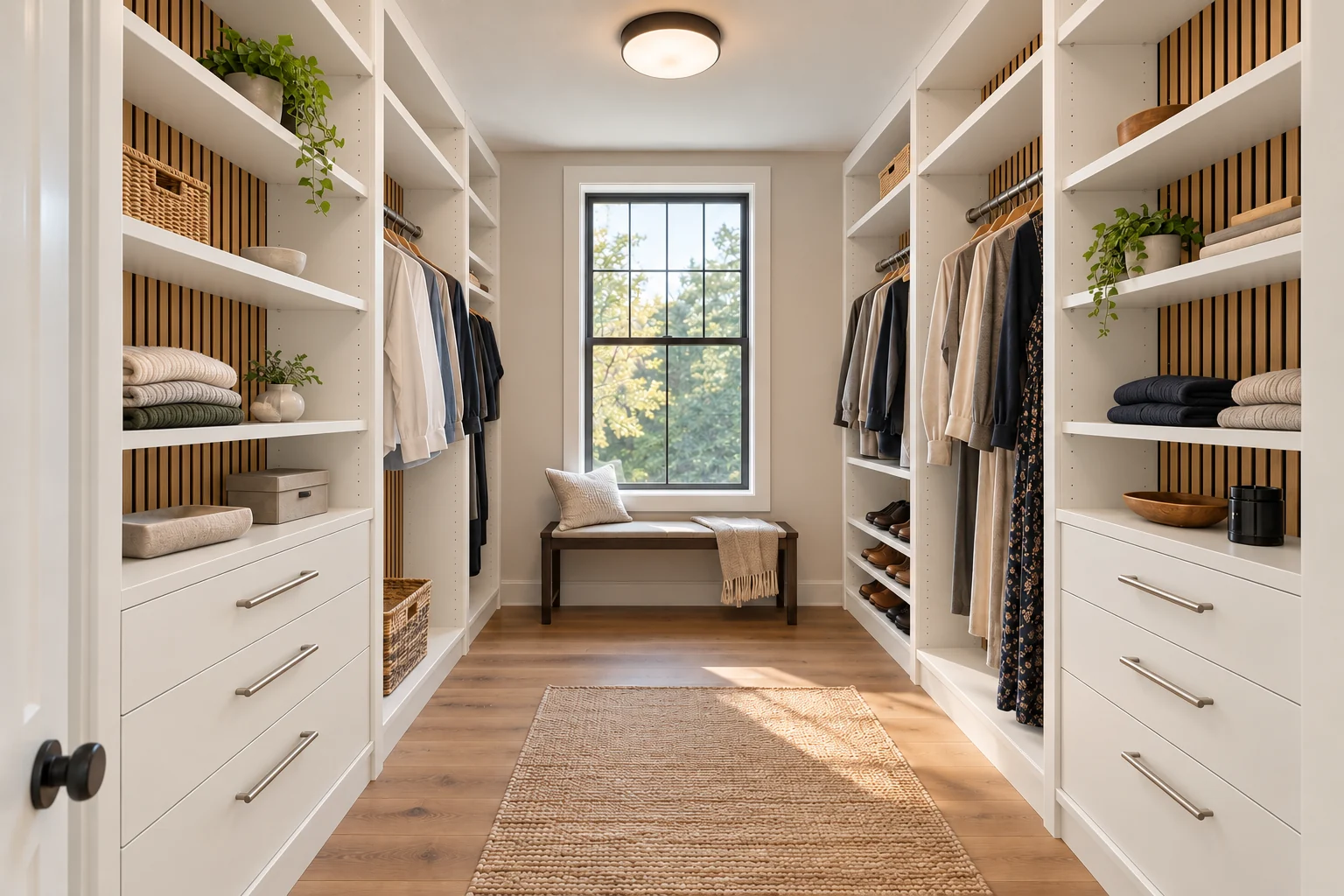 White cabinetry and warm wood slats in an AI closet design concept