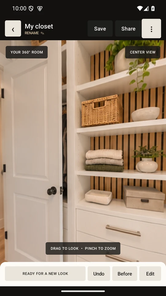 Actual Reglo Android app showing the closet design in the immersive viewer